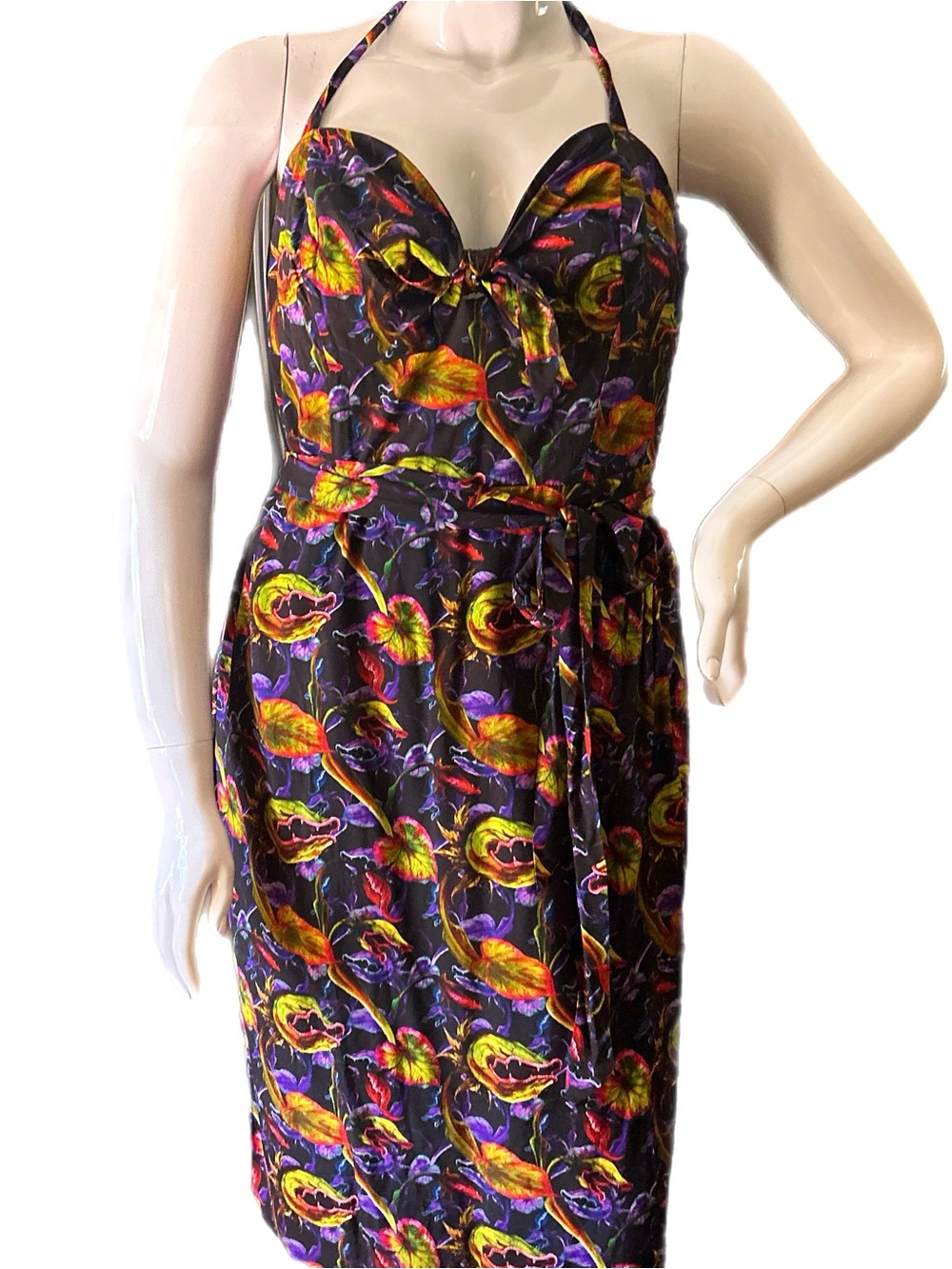 Unique Vintage midnight Garden floral Carnivorous Plant Sarong Dress Large -2X